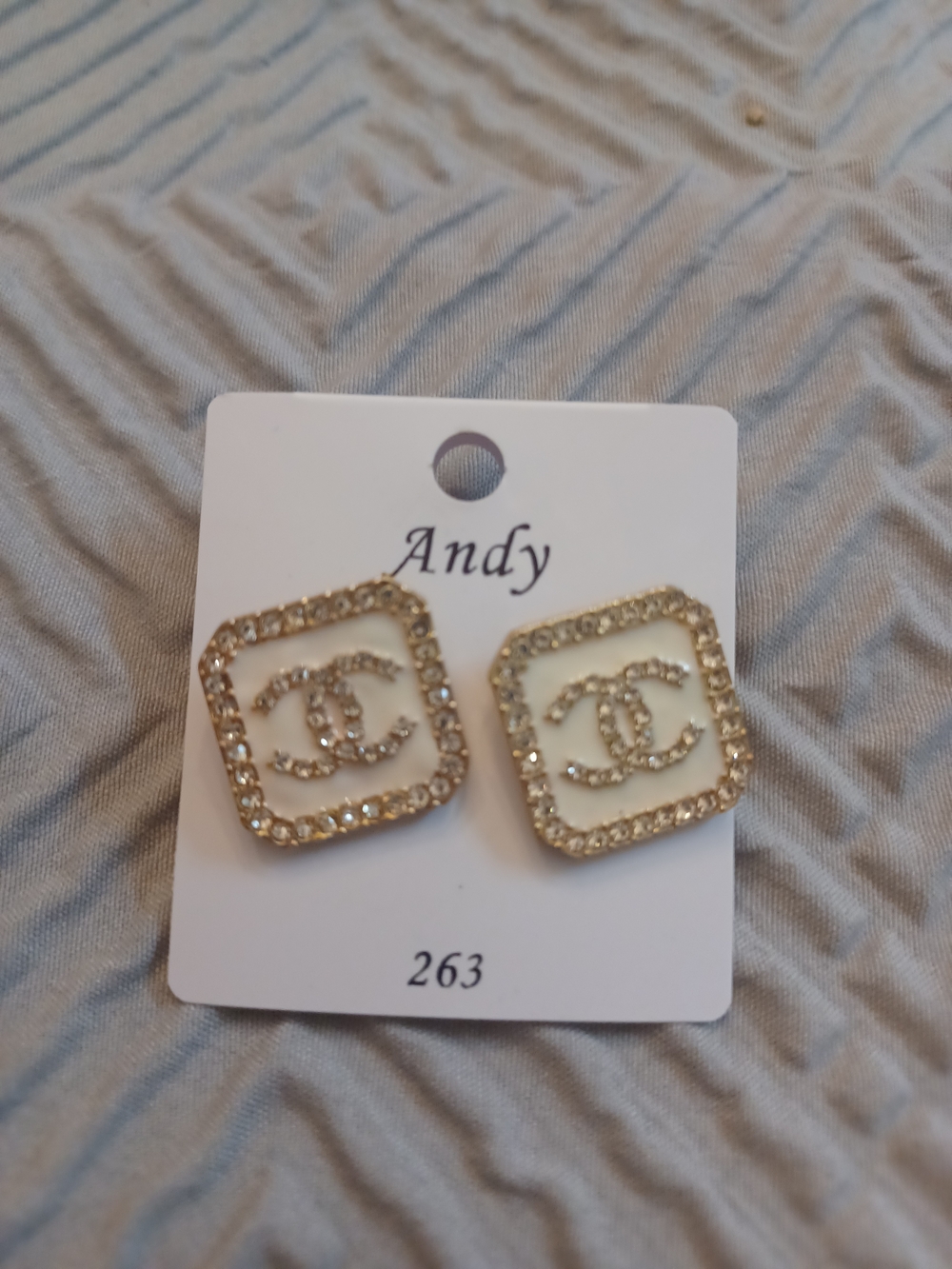 Gold and White Crystal  Square Stud Earrings